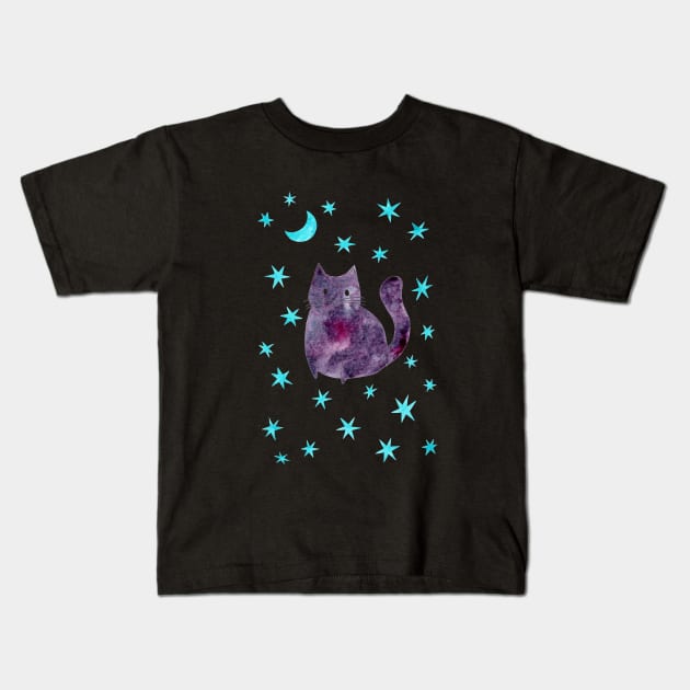 Purple Cat with Blue Stars Kids T-Shirt by dragonstarart